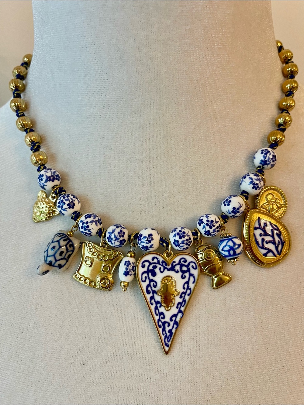 Floral Ceramic Beads Heart Charm Steel Necklace